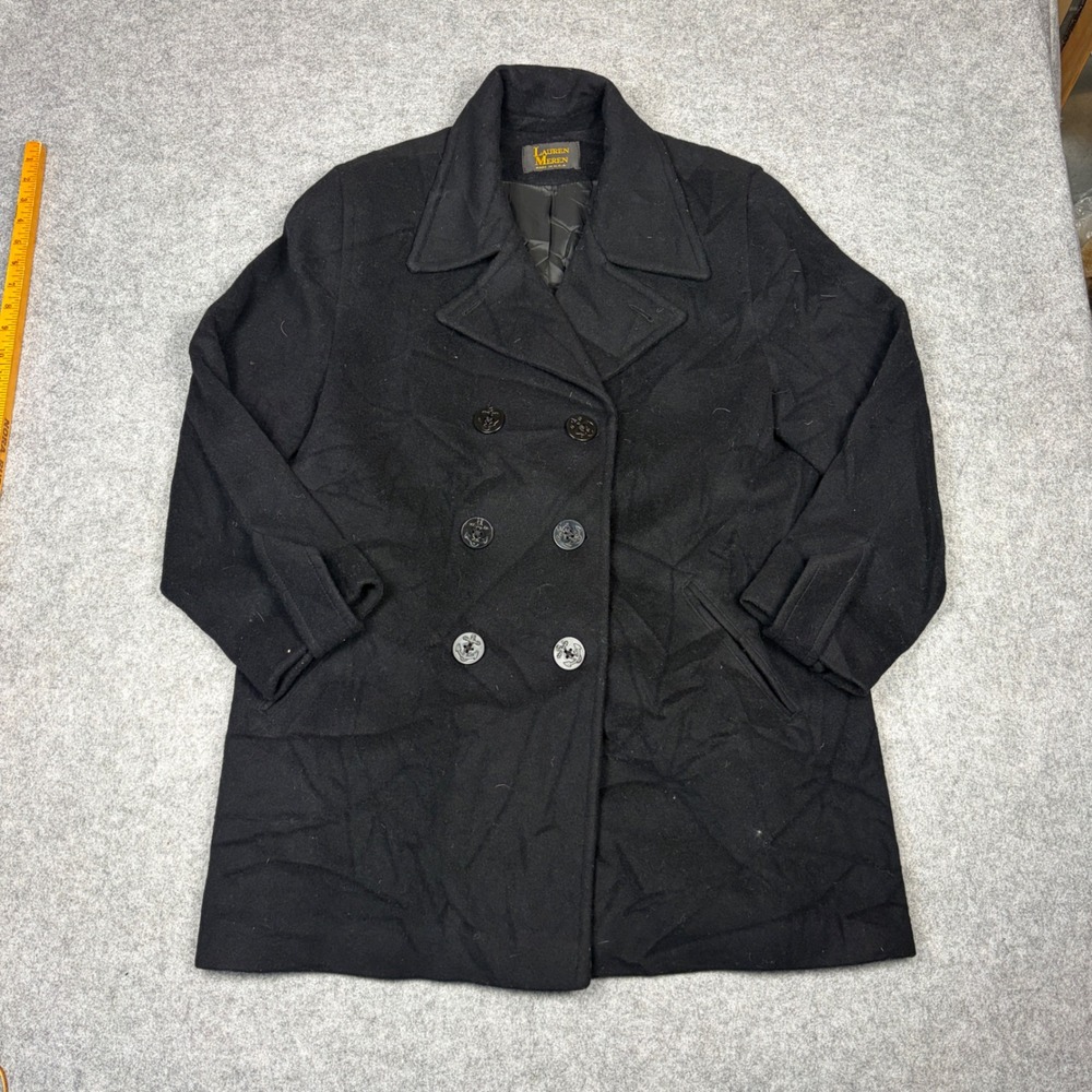 Lauren Meren Black Wool Pea Coat Double Breasted Anchor Button Made in USA
